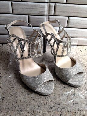 Silver / Rectangular Jewel Rhinestones Open Toe Evening Heel